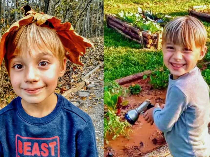 young boy outside with fall leaves and garden hose