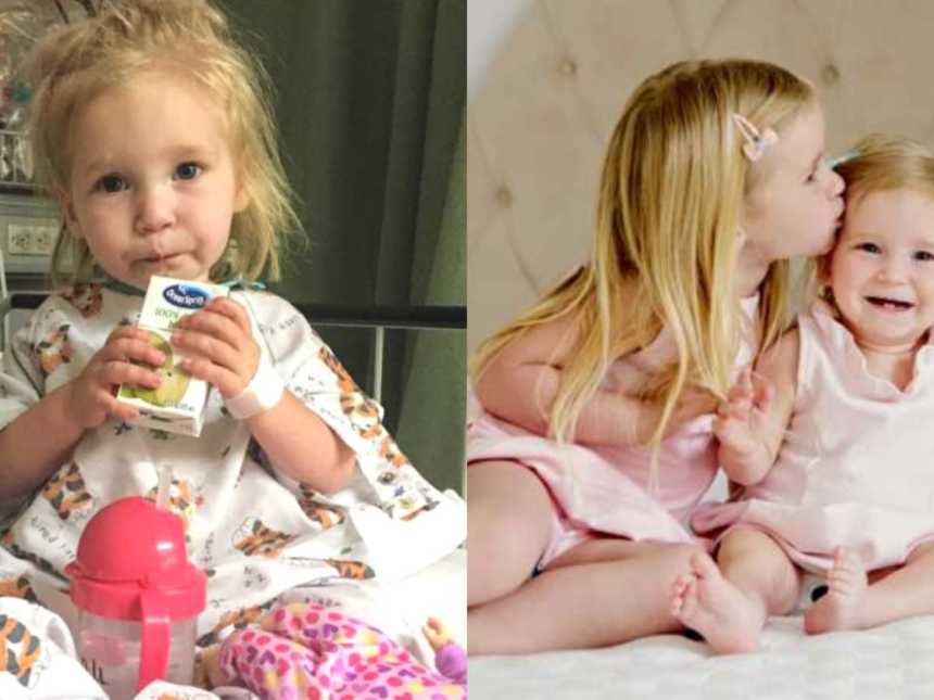 Big sister kissing her smiling little sister on the head in pink outfits