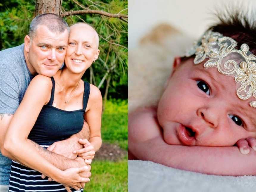 A husband hugs his wife who had cancer and a baby girl lies on her stomach