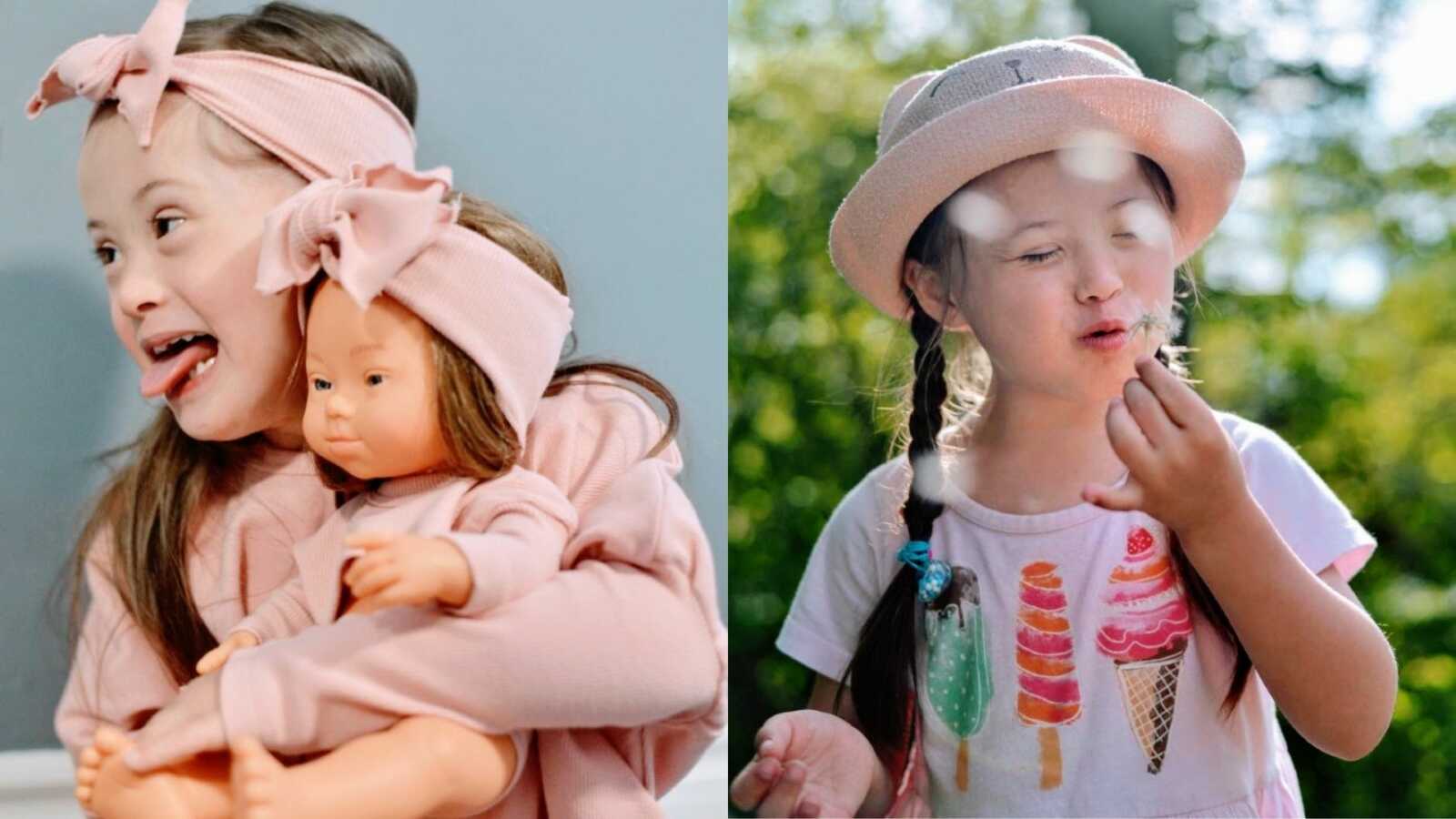 Mom takes photos of daughter with Down Syndrome being unabashedly herself, one with a doll that looks like her and one of her making a wish on a dandelion
