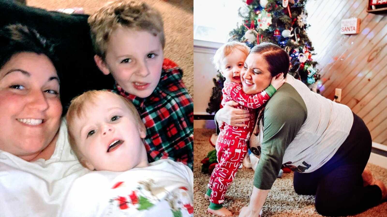 A mom lying on the floor with her children and a son hugs his mom at Christmas